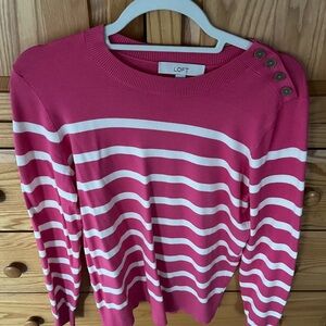 LOFT Fuchsia and White Striped Crew Neck Sweater Medium